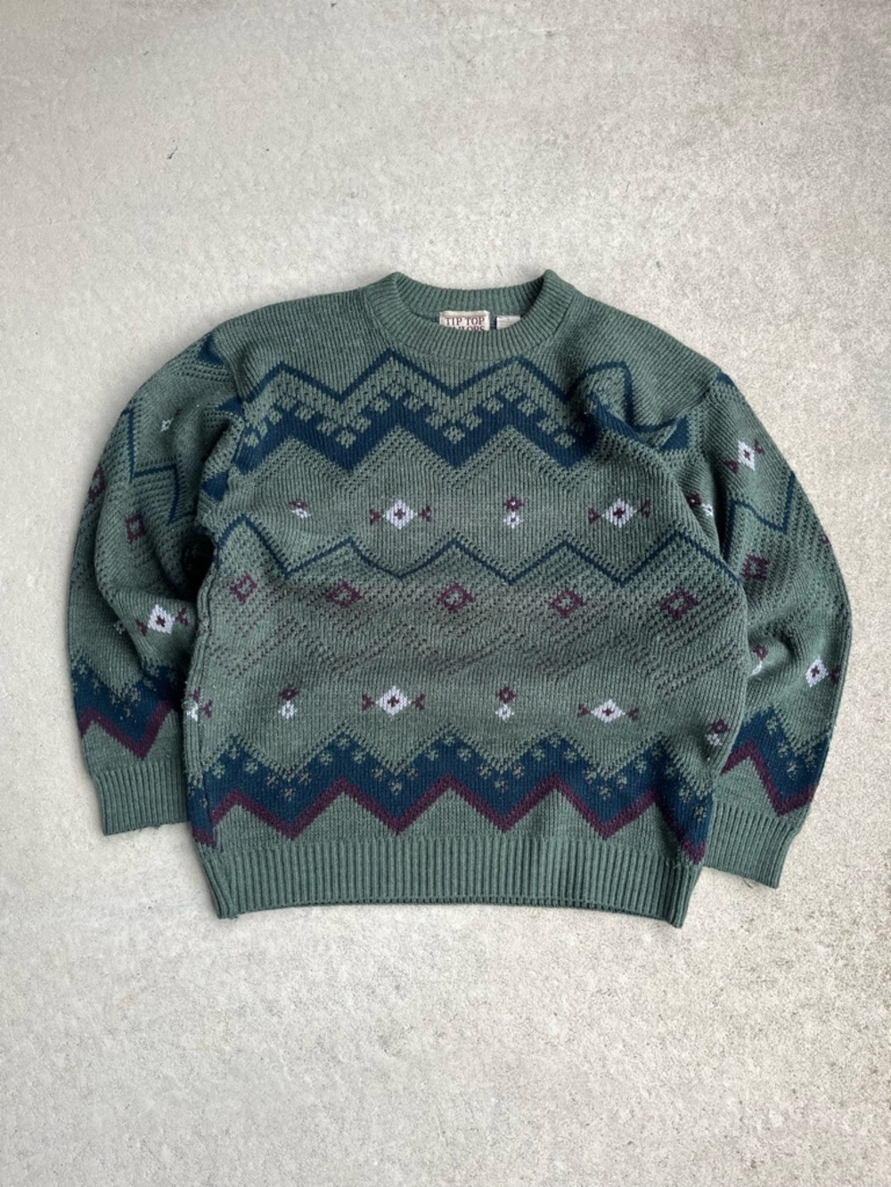Retro Sage Crewneck Sweater with Aztec Knit Pattern